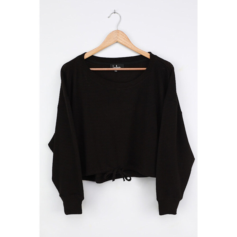 Lulus Relaxing Retreat Black Waffle Knit Long Sleeve Top - Size S